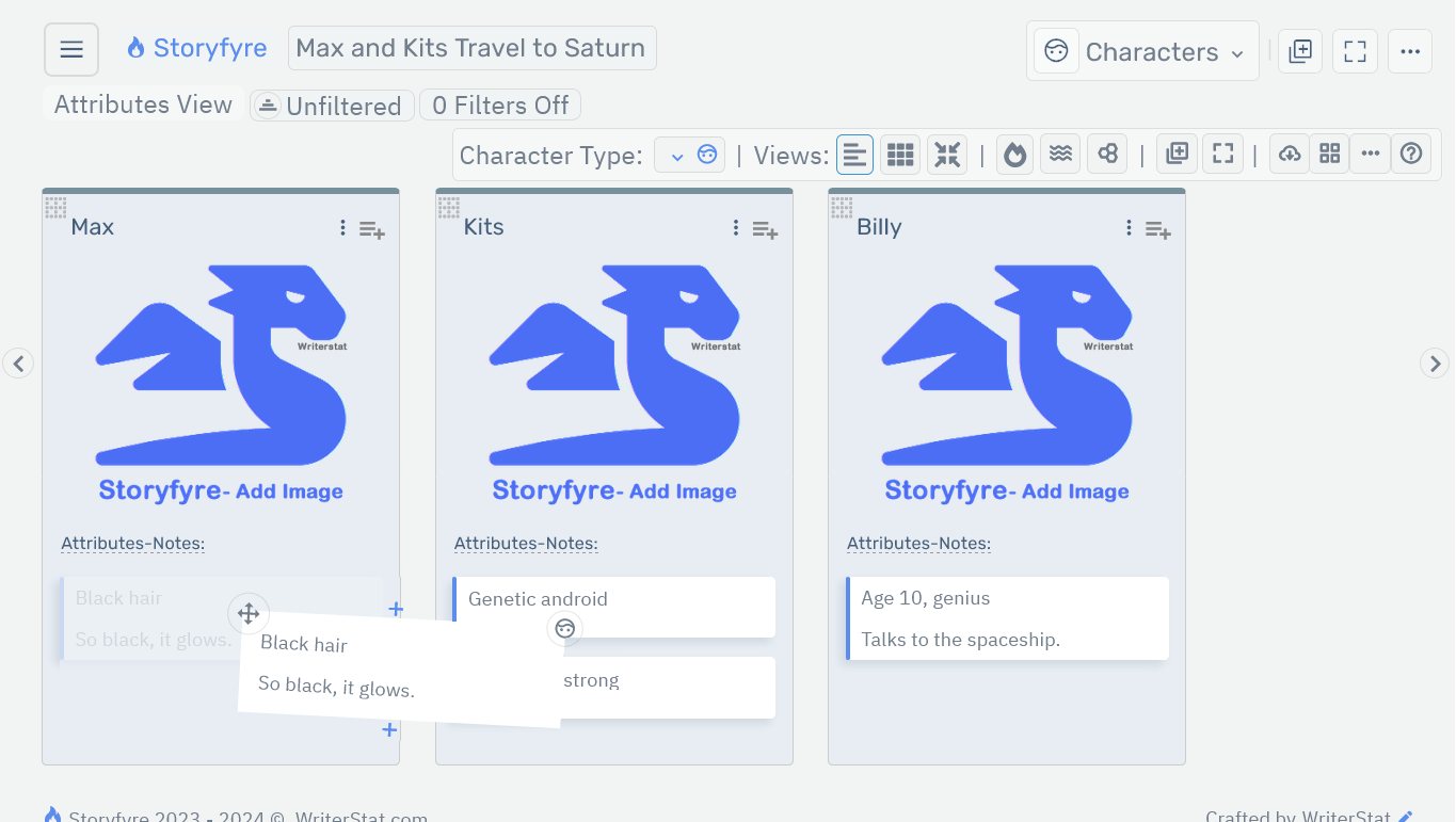 Storyfyre Origin Characters: Character Attribute Move/Drag