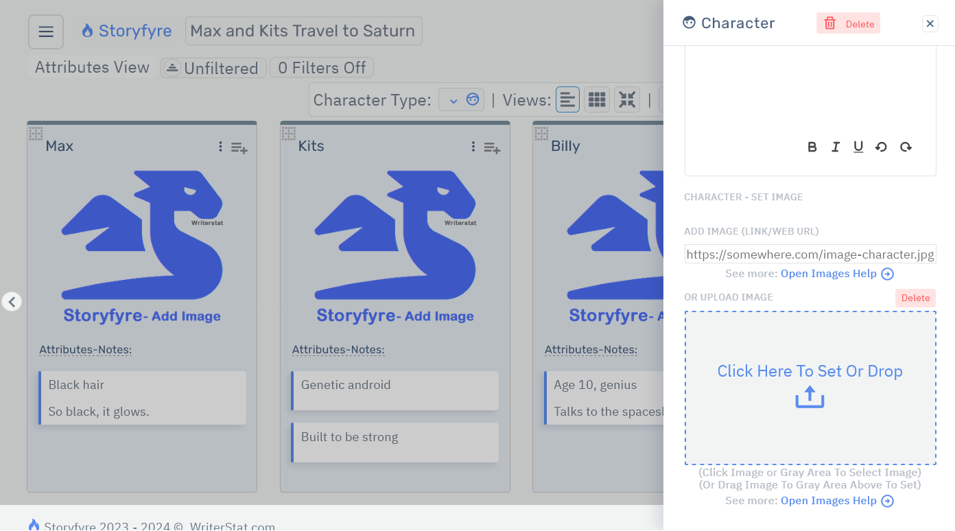 Storyfyre Origin Characters: Add/Edit Image Area