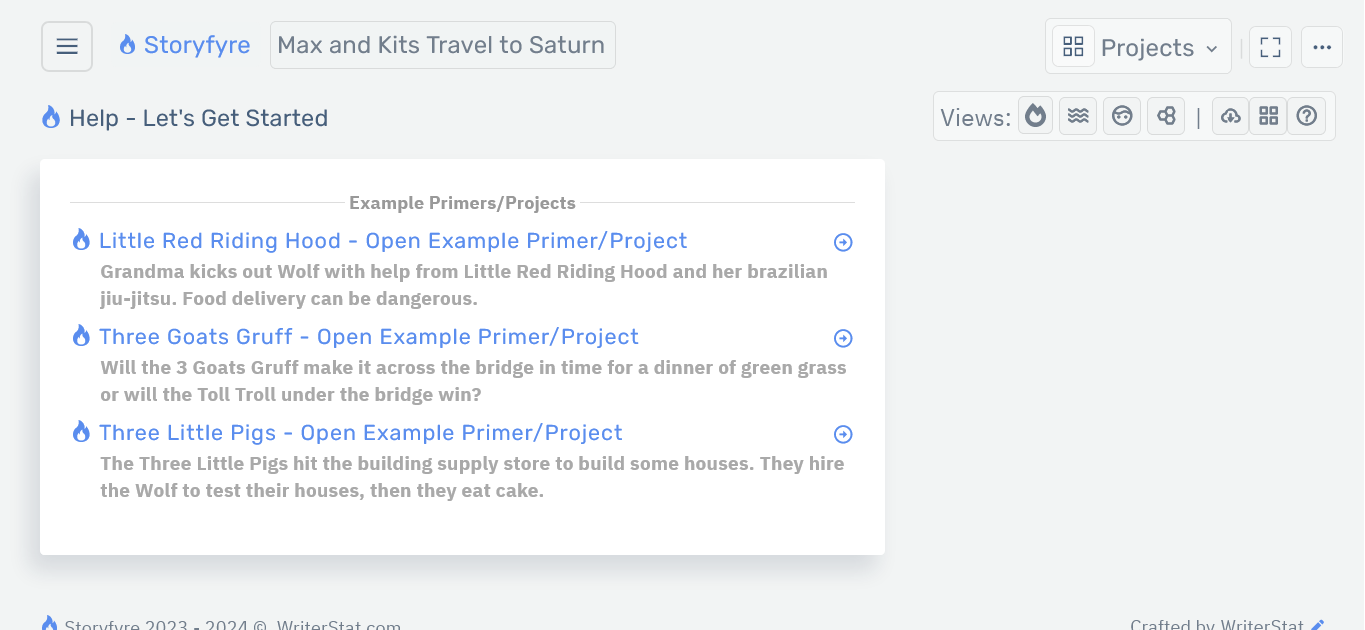 Storyfyre Origin Project: Example Primers/Projects page