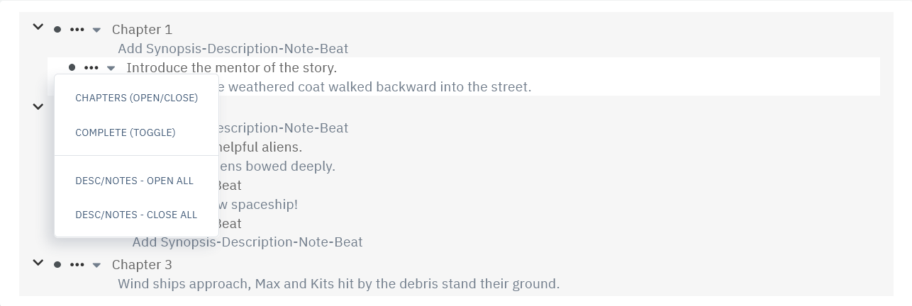 Storyfyre Origin Scenes Outline: Bullet Point Menu