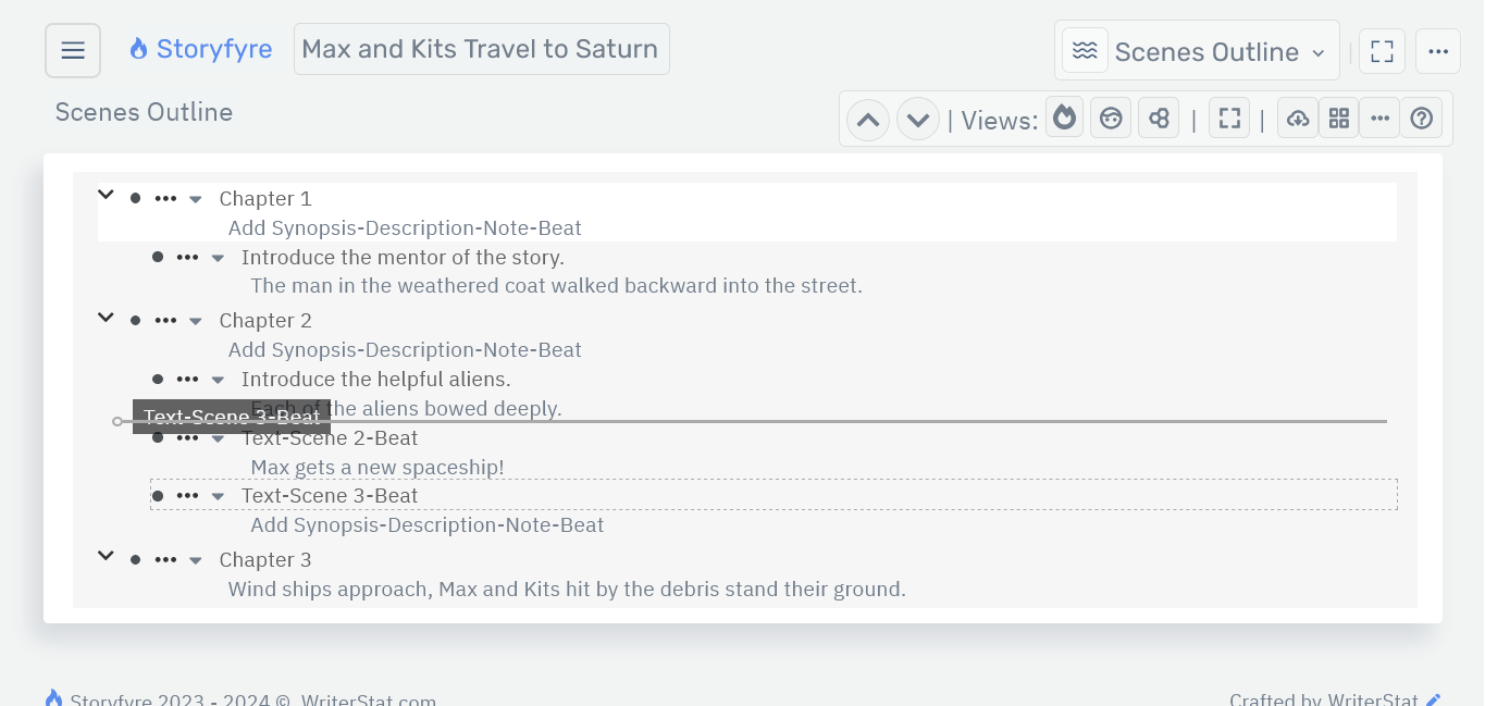 Storyfyre Origin Scenes Outline: Scene-Text-Beat Move/Drag