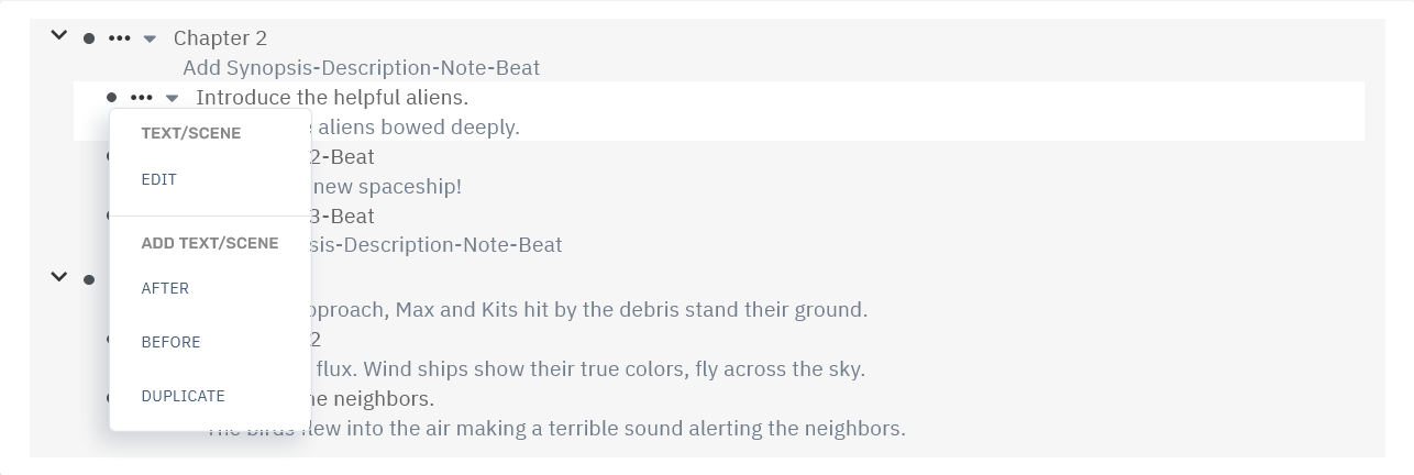 Storyfyre Origin Scenes Outline: Scenes Outline Menu