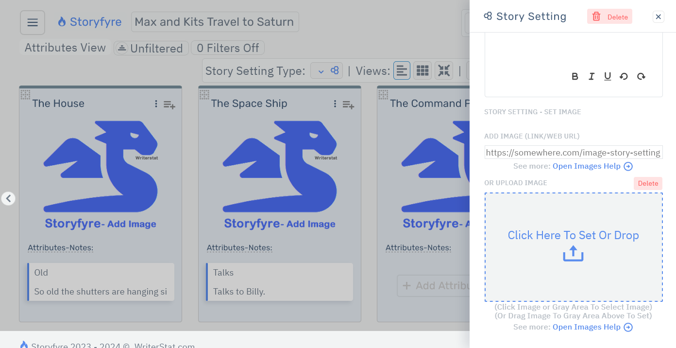 Storyfyre Origin Story Settings: Add/Edit Image Area